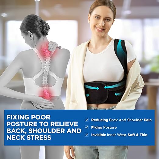 Vicorrect Posture Corrector for Women and Men: Back Support Brace Relieve Upper Back Shoulders Pain (Black, Small)