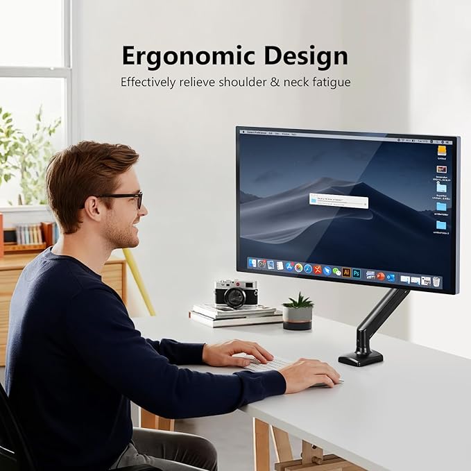 Single Arm Monitor Desk Mount for 13-32 inch Screen, Tilt, Swivel, Rotation, Ergonomic Gas Spring Monitor Stand with Cable Management, VESA 75/100mm