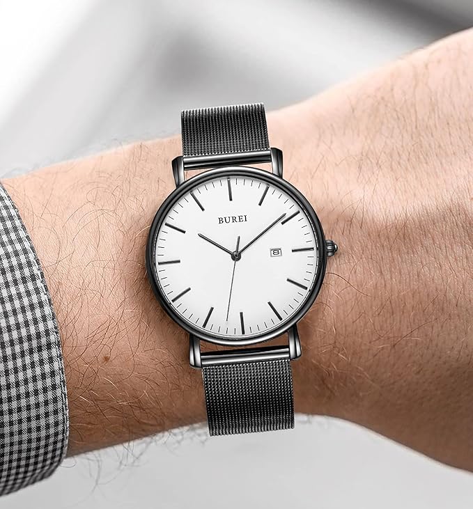 BUREI Men Watches Brown Leather Fashion Minimalist Wrist Watch Simple Ultra Thin Waterproof Quartz Watches All Black Stainless Steel Mesh Band,Gift for Men Women