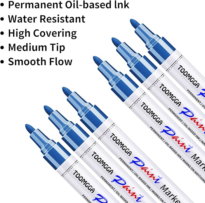 Permanent Paint Pens Blue Paint Markers 6 Pack Oil Based Markers, Quick Drying and Waterproof Marker Pen, Car Tire, Metal, Rock Painting, Wood, Plastic, Canvas, Craft Supplies for Adults