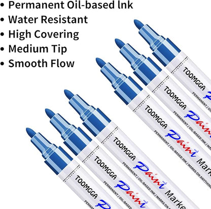 Permanent Paint Pens Blue Paint Markers 6 Pack Oil Based Markers, Quick Drying and Waterproof Marker Pen, Car Tire, Metal, Rock Painting, Wood, Plastic, Canvas, Craft Supplies for Adults