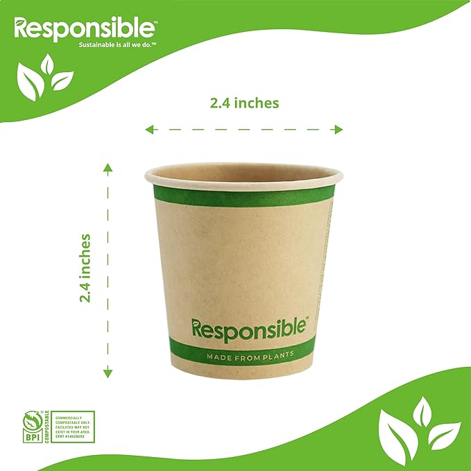 Responsible Products 4 oz Paper Hot Cups, Tree-Less™ Compostable Paper Coffee Cups, Extra Strength, Tree-Free and Made Without PFAS, Natural Brown (1000 Count)