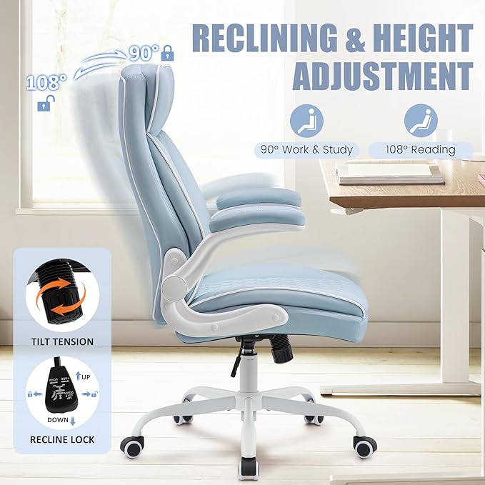 Executive Office Chair, Computer Desk Chair with Lumbar Support,Comfortable Leather Home Office Chairs 400lbs with Padded Flip-up Armrests, Adjustable Height, LightBlue