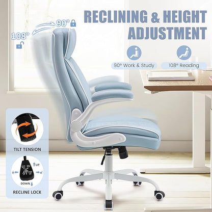 Executive Office Chair, Computer Desk Chair with Lumbar Support,Comfortable Leather Home Office Chairs 400lbs with Padded Flip-up Armrests, Adjustable Height, LightBlue