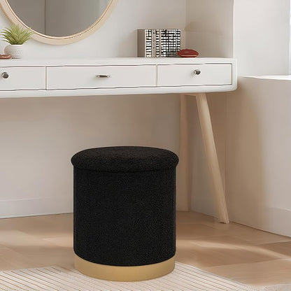 B FSOBEIIALEO Ottoman with Stroage, Round Boucle Storage Ottoman with Gold Plating Base,Foot Rest Stool for Dorm Room, Living Room Black, 14.76"x14.76"x16.34"