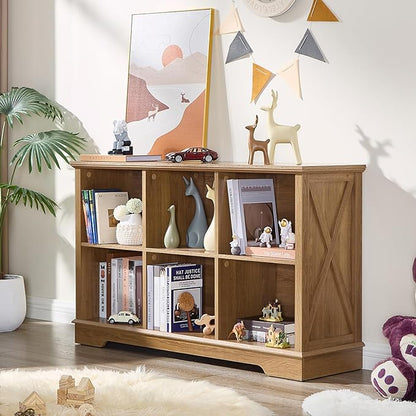 Book Shelf, 6 Cube Storage Organizer, 2-Tier Open Shelf Wooden Bookcase, Freestanding Wood Cube Storage Bookshelf for Bedroom, Living Room, Home Office (Natural Oak)