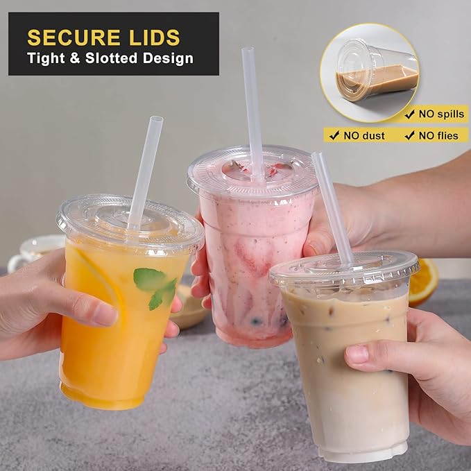 VITEVER [100 Sets - 16oz] Clear Plastic Cups with Lids and Straws, Disposable Iced Coffee Cups for Smoothie, Milkshake, Cold Drinks - BPA free