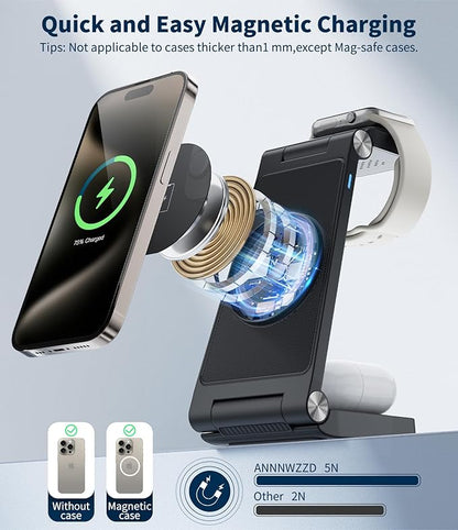 Magnetic Wireless Charging Station, 3 in 1 Fast Max Charging for Smartphone,Watch,TWS - Space-Saving Multi-Device Stand (Black)