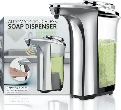 FKWin Automatic Soap Dispenser, Touchless Sensor Hand Soap Dispenser 17oz/500ml, 5 Adjustable Dispensing, Wide Opening Refillable Reservoir, Battery Powered for Bathroom & Kitchen – Silver