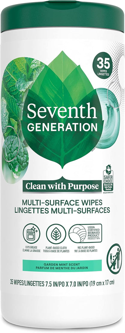 Seventh Generation Multi-Surface Cleaning Wipes, Garden Mint Scent, Cuts Grease & Grime, 35 Wipes