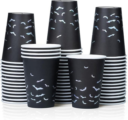 Halloween Disposable Paper Party Cups, Bulk 50 Pack, Leak-Resistant, 12 oz Hot and Cold Cups for Restaurants and Parties, Bats, Black & Silver