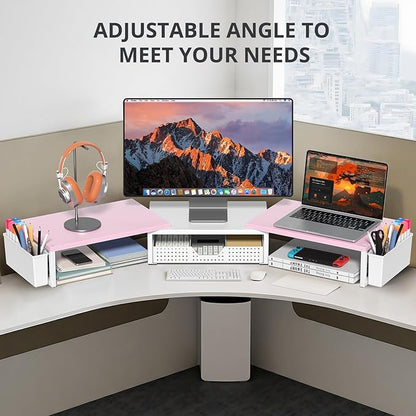OPNICE Desk Dual Monitor Stand Riser - Desk Organizer with Drawer and Pen Holders, Office Desk Accessories & Workspace Organization, Computer Monitor Stand for Laptop, Printer(Pink＆ White)