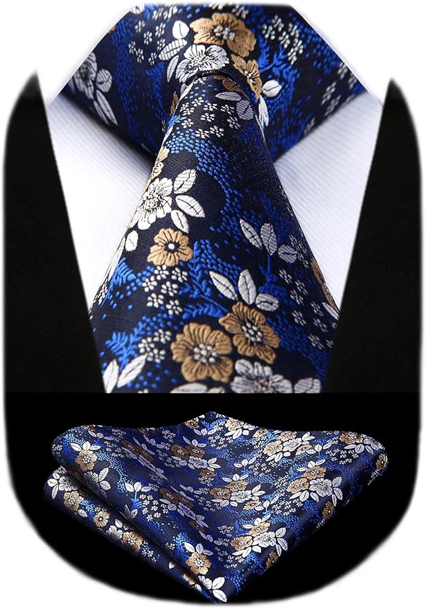 HISDERN Men Floral Ties Woven Classic 3.4" Necktie Set Formal Tie Pocket Square for Wedding with Handkerchief Gift Box