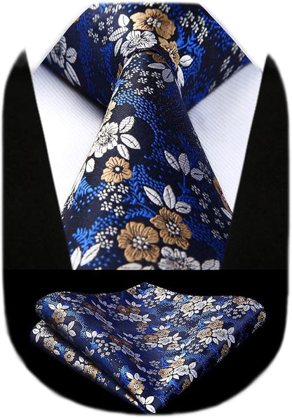 HISDERN Men Floral Ties Woven Classic 3.4" Necktie Set Formal Tie Pocket Square for Wedding with Handkerchief Gift Box