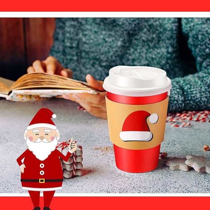 48 12 oz Christmas Cups with Lids and Coffee Cup Sleeves Bulk Red Green Disposable Christmas Paper Coffee Cups for Beverage Chocolate Tea Cocoa Xmas Holiday Table Decorations Party Favors