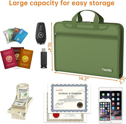 5200℉ Fireproof Accordion File Organizer with Lock, Thickened Document Organizer 13 Pocket with Zipper & Labels, Important Document Organizer, Expanding File Folder with Handle for Letter A4 (Green)