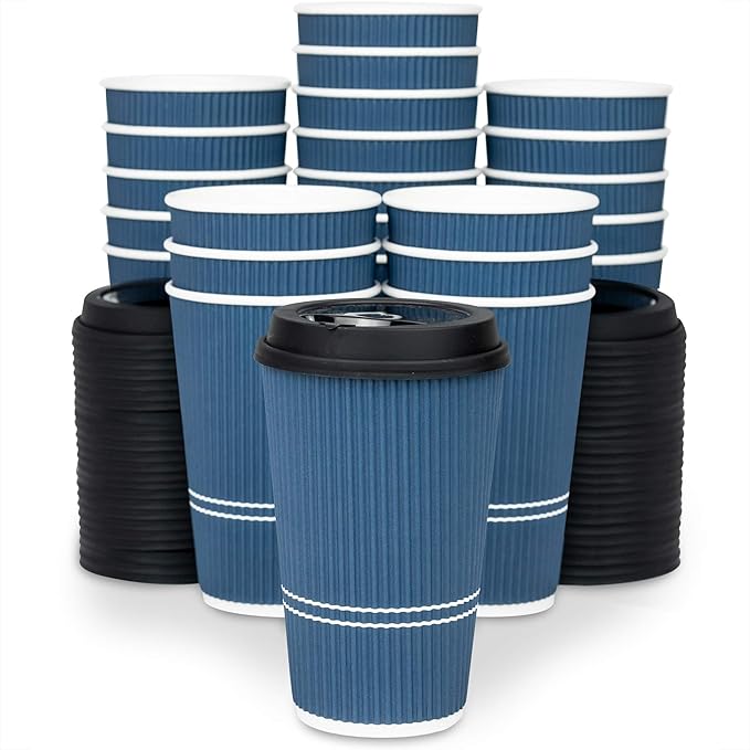 Disposable Coffee Cups With Lids - 16 oz To Go Coffee Cup (70 Set). Large Travel Cups Hold Shape With Hot and Cold Drinks, No Leaks! Insulated Ripple Cup Protect Hands, No Sleeves needed!