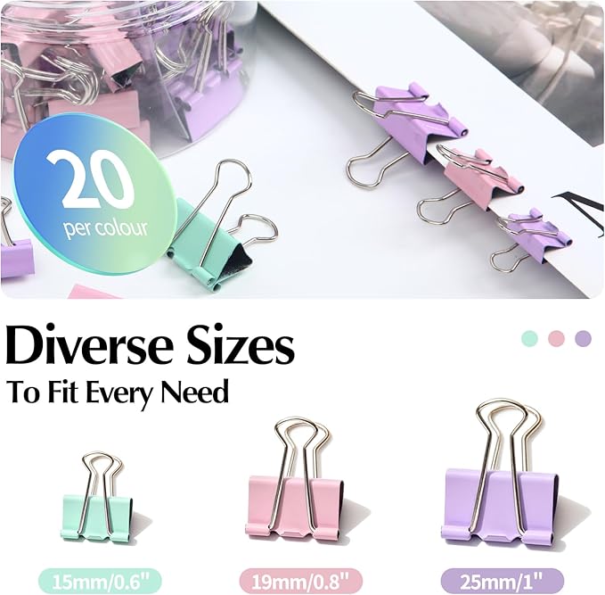 Binder Clips Assorted Sizes, 60 pcs, Morandi Colors, Durable Metal Binder Clips for Office, Cute Desk Supplies for Teachers Student