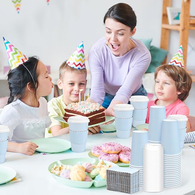 Whaline 100 Pcs Light Blue Disposable Coffee Cups with Lids and Sleeves 16 Oz Insulated To Go Paper Cups for Winter Home Restaurant Travel Wedding Birthday Baby Shower Party Supplies