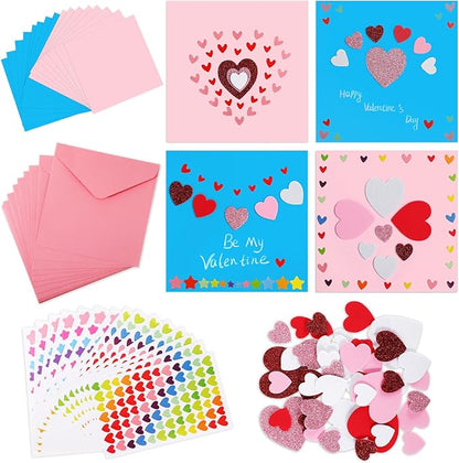 Zonon 16 Pack Valentines Crafts DIY Card Valentines's Day Kits Foam Heart Sticker Craft DIY Kits Envelopes Cards Set for Exchange Gifts (Cute Color)