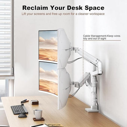 Dual Monitor-Arm Heavy-Duty for 17-49-inch Screens - Vertical Stacked Dual Monitor Mount Stand for Ultrawide Screens up to 44lbs, Aluminum,Full Motion, VESA 75/100 mm, White