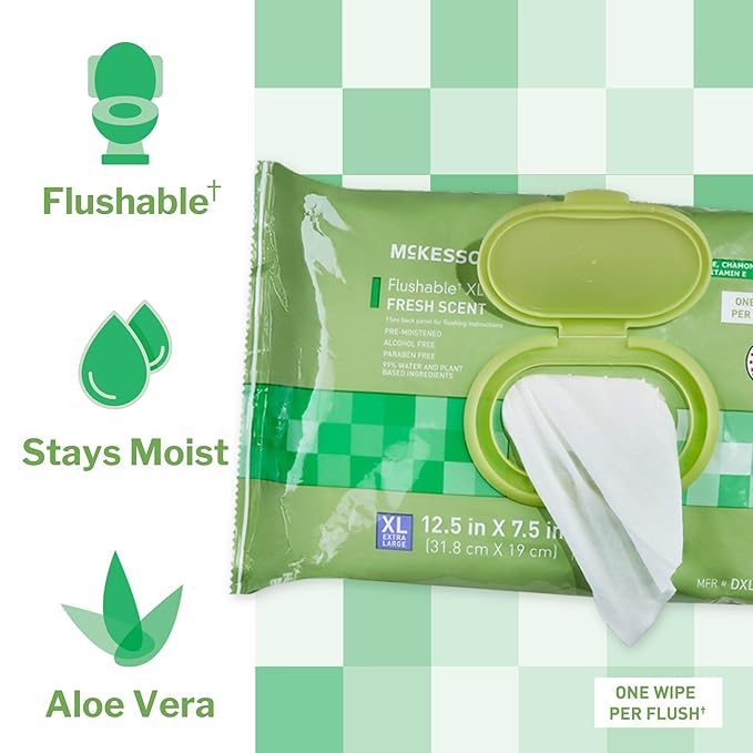 McKesson Flushable* Adult Wet Wipes XL – 96 Wipes (1 Pack of 96) – Aloe & Vitamin E, Plant-Based Cleansing Wipes, Scented, Extra Large