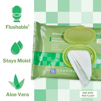 McKesson Flushable* Adult Wet Wipes XL – 576 Wipes (6 Pack of 96) – Aloe & Vitamin E, Plant-Based Cleansing Wipes, Scented, Extra Large