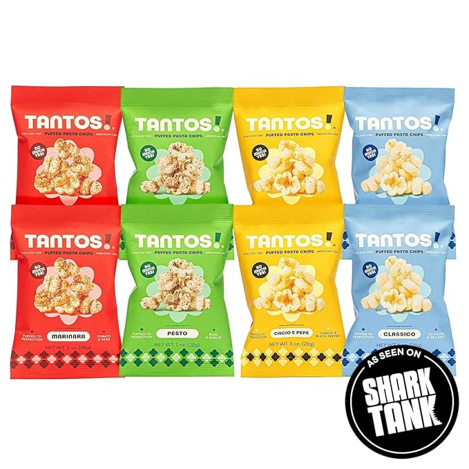 Tantos! Puffed Pasta Chips, Healthy Pasta Snack by Top Chef Joe Sasto, As Seen on Shark Tank, Plant Based, Low Calorie, Crunchy Chips, Variety Pack, Marinara, Pesto, Cacio e Pepe, Classico, Gourmet Bold Flavors, 4oz 12 Pack 3 of Each Flavor, Variety