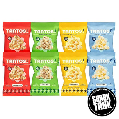 Tantos! Puffed Pasta Chips, Healthy Pasta Snack by Top Chef Joe Sasto, As Seen on Shark Tank, Plant Based, Low Calorie, Crunchy Chips, Variety Pack, Marinara, Pesto, Cacio e Pepe, Classico, Gourmet Bold Flavors, 4oz 12 Pack 3 of Each Flavor, Variety