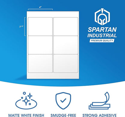3 1/3" X 4" Matte White Shipping Labels Compatible with Inkjet and Laser Printers - 250 Sheets, 1500 Printable Stickers for Mailing, Product IDs, Organization - Spartan Industrial Template R015
