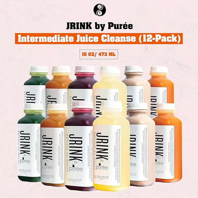 JRINK by Purée Intermediate Juice Cleanse, Cold Pressed Detox Drink with Organic 2 Day-Healthy Vegetable and Fruit Juice, Frozen Pressed Juice Cleanse, 12 Bottles, 16oz Each