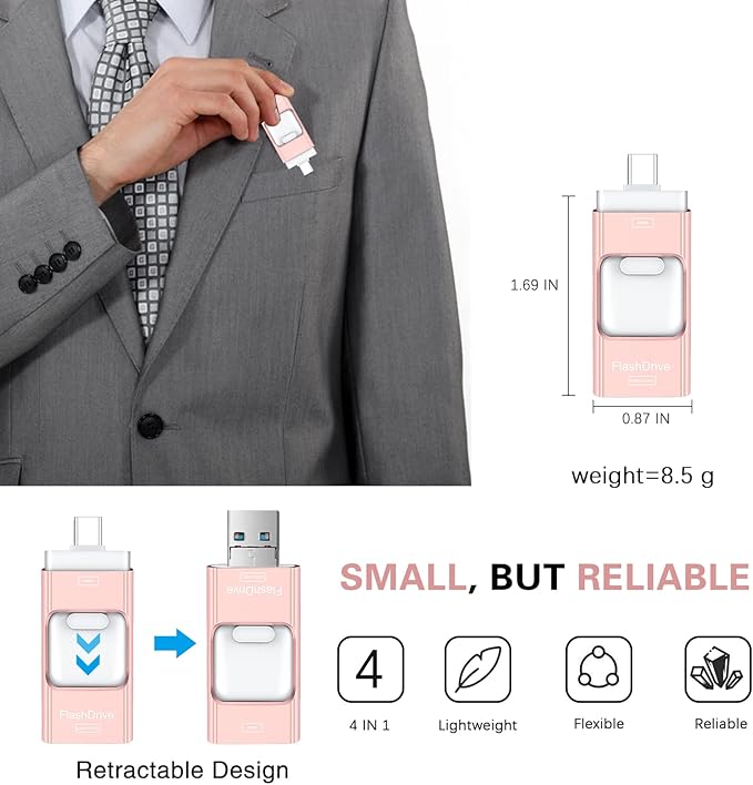 Flash Drive for iPhone 256GB, 4 in 1 USB Type C Memory Stick, Photo Stick External Storage Thumb Drive for iPhone iPad Android Computer, Rose Pink