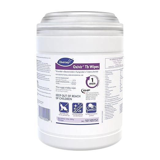 Diversey Oxivir Tb 101105152 Ready-to-Use Disinfectant Cleaning Wipes, Accelerated Hydrogen Peroxide, Standard 6x7-Inch Sheets, 160-Wipes, 1-Canister