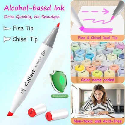 Caliart Alcohol Based Markers, 180 Colors Art Marker Set Fine & Chisel Dual Tip, Permanent Colored Pens for Adults Coloring Book Artists Illustration Sketch Drawing