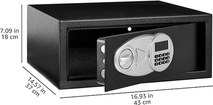 Amazon Basics Steel Security Safe and Lock Box with Programmable Electronic Keypad, Secure for Cash, Jewelry, Documents, Black, 0.7 Cubic Feet, 16.9-x-14.6-x-7.1-inches (WxDxH)