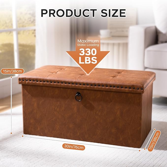 30 Inches Folding Storage Ottoman Bench, Ottoman PU Leather Tuffed End of Bed Bench, Foot Rest with Rivet Design, Ottoman with Storage, Load 330 lb, for Living Room, Bedroom, Entryway, Brown