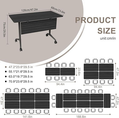 Folding Conference Table, Rectangular Conference Room Tables, Mobile Modular Training Table, Solid Steel Frame,Thickened Panel,for Offices,Meeting Room,Offices andSchools (4, Ebony, 47in)