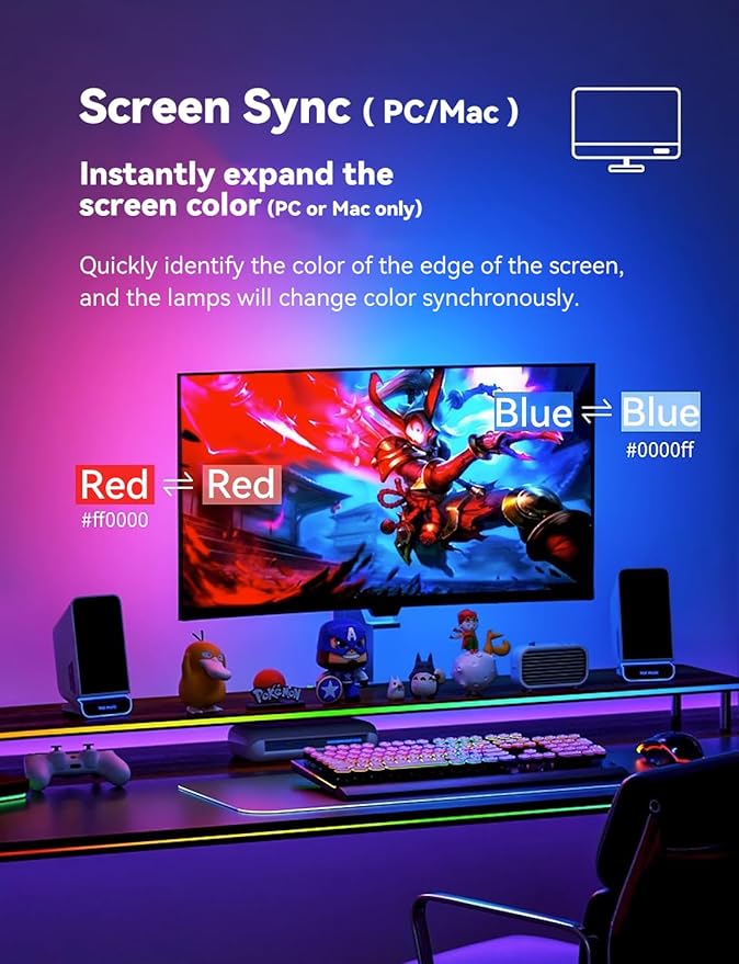 Monitor LED Backlights for PC & Mac, LED Strip Lights That Sync with Screen Color or Music, RGBIC Computer Light Bar Behind Monitor, LEDs for Desk Gaming, USB Port, Software Control (24 in)