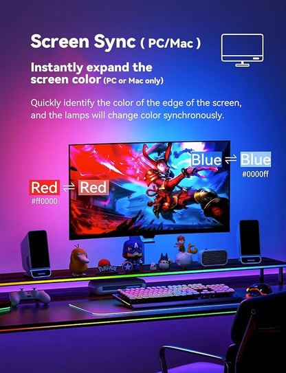 Monitor LED Backlights for PC & Mac, LED Strip Light Sync with Screen Color/Music, Computer Light Bar Behind Screen, LEDs for Desk Gaming, USB Port, Software Control, G100 (4-Side 34inch)