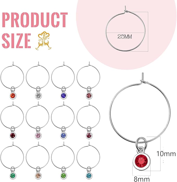 Junkin 12 Pcs Wine Glass Charms Markers Tags for Stem Glasses Drink Markers Wine Charm Ring Identifier for Wedding Bachelorette Tasting Holiday Party Favor Decoration (Birthstone Style)