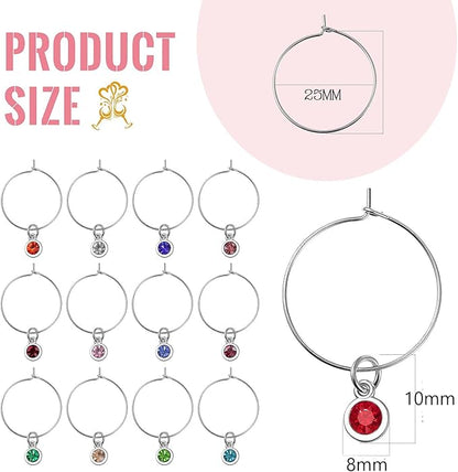 Junkin 12 Pcs Wine Glass Charms Markers Tags for Stem Glasses Drink Markers Wine Charm Ring Identifier for Wedding Bachelorette Tasting Holiday Party Favor Decoration (Birthstone Style)