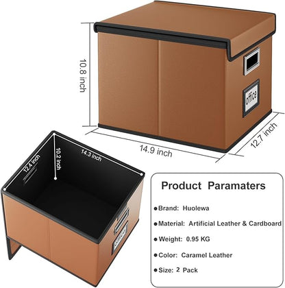 Huolewa File Organizer Boxes with Lids, Collapsible Faux Leather Hanging File Folder Box Organizer with Plastic Slide, Decorative Home/Office Filing System Boxes for File and Folders Storage