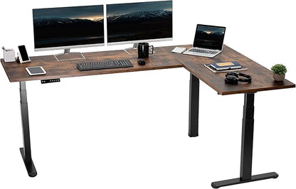 VIVO Electric 78 x 55 inch Square Corner Memory L Shaped Stand Up Desk, Rustic Vintage Brown Table Top, Black Frame, Corner Height Adjustable Workstation, 3E-S Series, DESK-KIT-3E5SBN