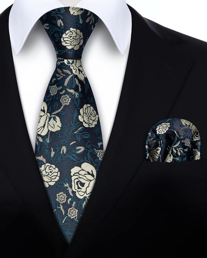 HISDERN Men Floral Ties Woven Classic 3.4" Necktie Set Formal Tie Pocket Square for Wedding with Handkerchief Gift Box