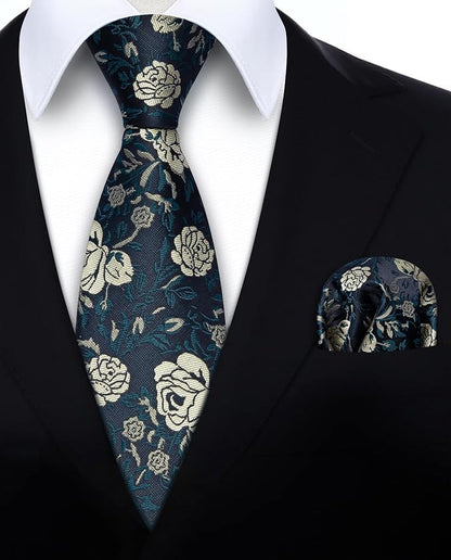 HISDERN Men Floral Ties Woven Classic 3.4" Necktie Set Formal Tie Pocket Square for Wedding with Handkerchief Gift Box