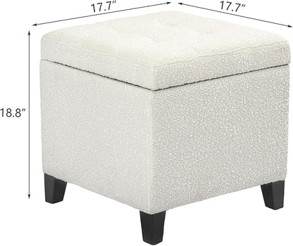 Adeco 18 Inch High Cube Ottoman Storage, Linen Chair Foot Stools, Upholstered Vanity Stool with Hinged Lid, Solid Wood Legs (White Circle Yarn)