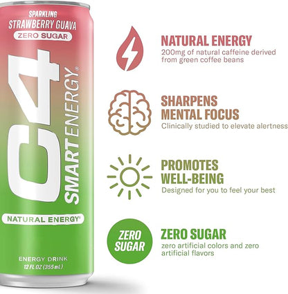 Cellucor C4 Smart Energy Drink - Sugar Free Performance Fuel & Nootropic Brain Booster, Coffee Substitute or Alternative | Strawberry Guava 12 Oz - 12 Pack