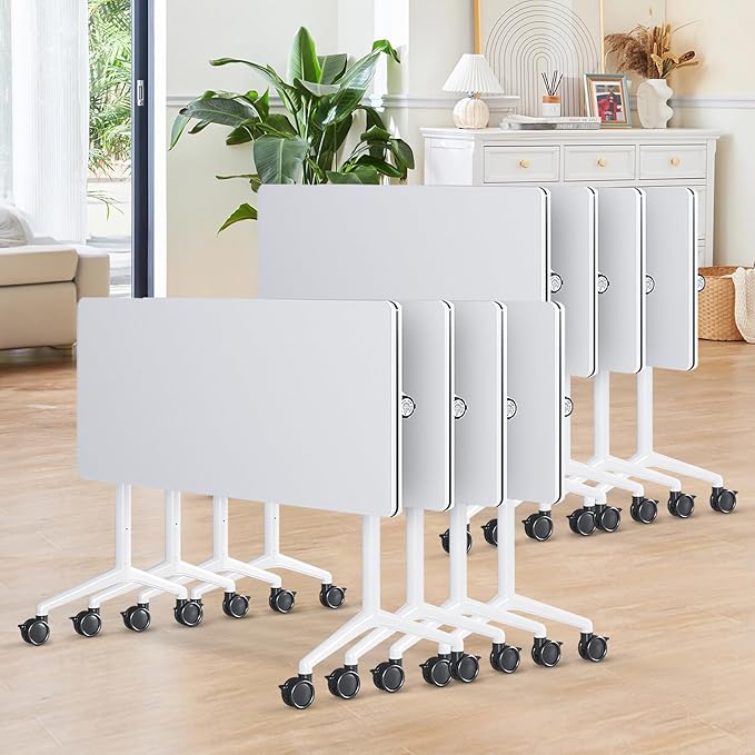 Conference Room Table, 55 Inch Folding Conference Tables with Wheels, Modern Office Meeting Table, Easy Flip & Nest Design, Rectangular Seminar Tables with Metal Frame for 2-24 People(A 8PCS)