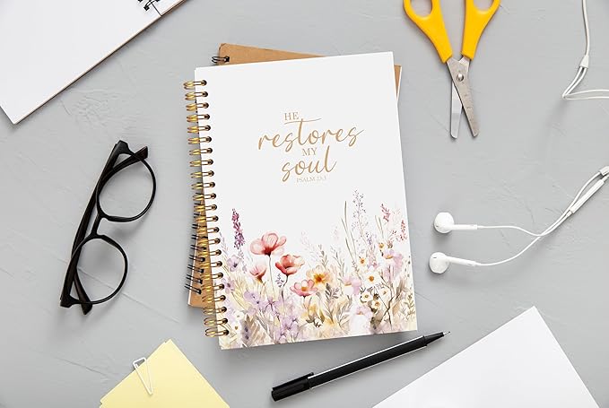 Christian Notebook for Women, Christian Art Gifts Journal, Prayer Journal for Women, Bible Journaling Notebook, PSALM 23:3 He Restores My Soul Floral Spiral Notebook 5.5x8.3