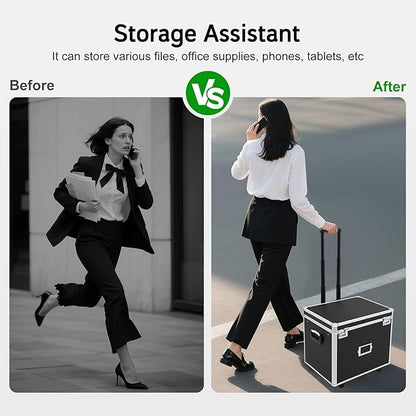 Portable File Box with Handle, Locking File Storage Box with Wheels, 19.2x15x16 Double Locking Rolling File Cabinet, Mobile Busniness Case for Office Home,Offices, Hospitals, Banks